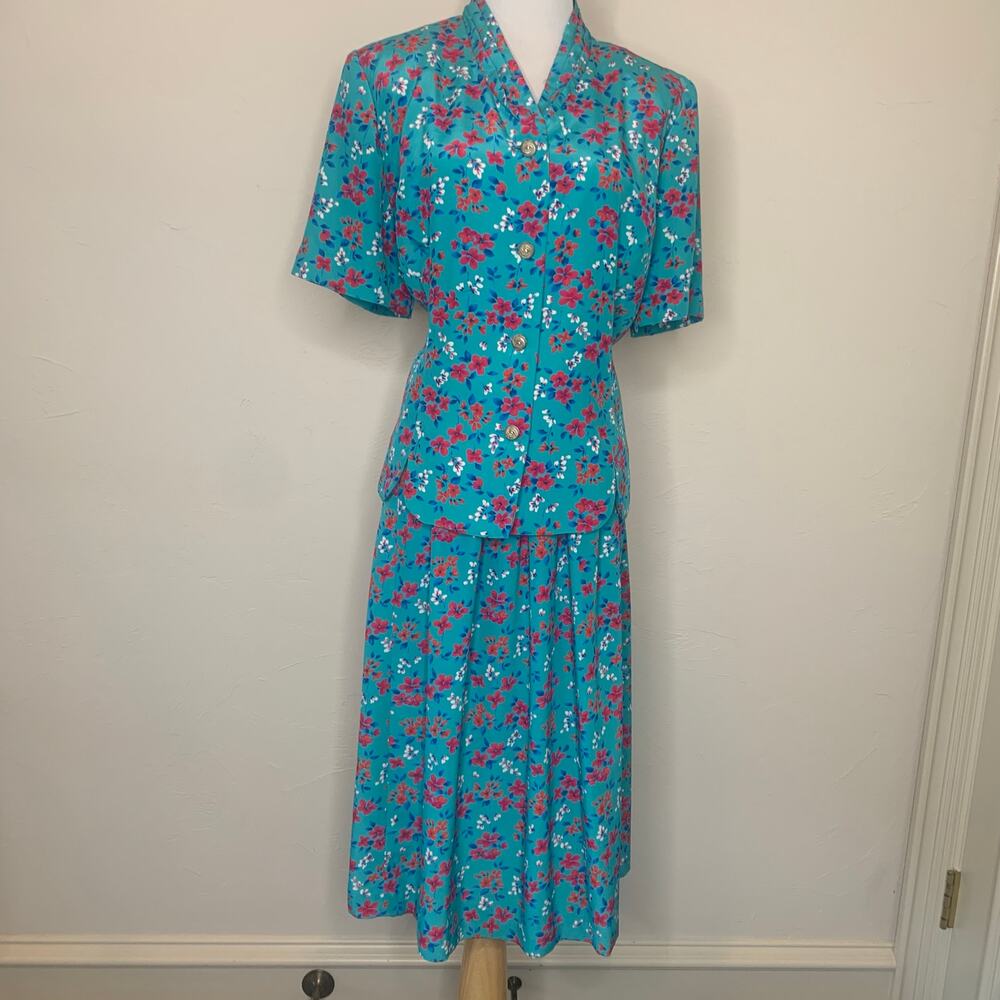 Leslie Faye Floral Print Full Skirt Sz Medium Turquoise Floral Pattern Medium